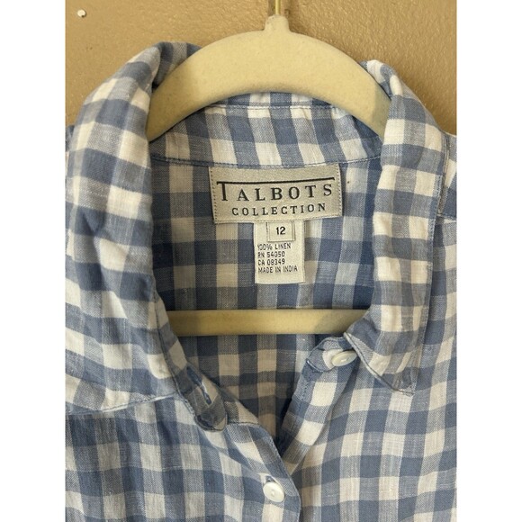 Talbots Top Women L Drawstring Blue Linen Gingham Plaid Long Sleeve Capsule VTG - Picture 3 of 12